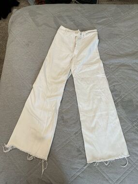 Zara White Wide-Leg Frayed Hem Jeans